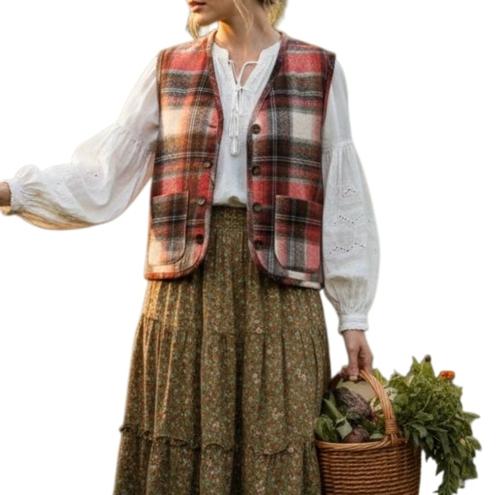 Cozy Vtg Plaid Vest in Red and Brown